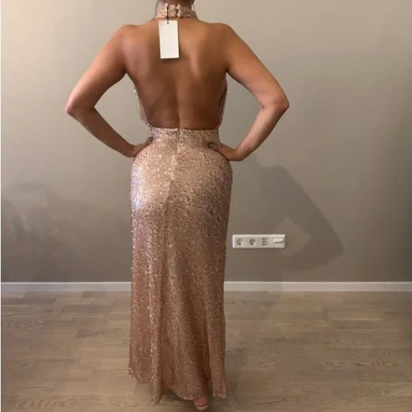 Zara NWT light pink & beige sequin halter top cowl neck formal maxi dress - Picture 4 of 15